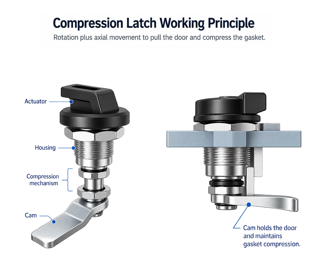 Compression latch working principle for sealing electrical enclosures
