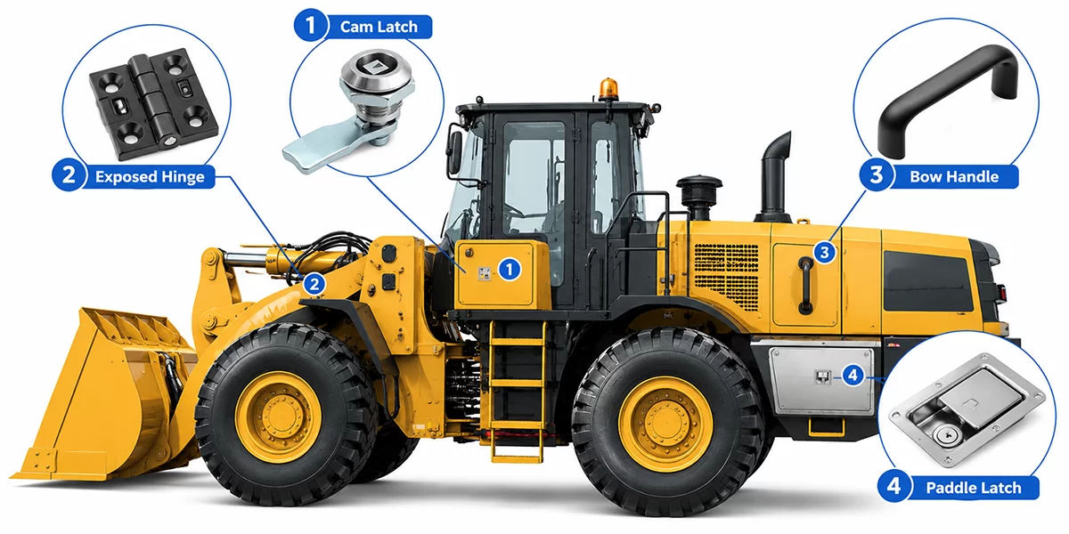Construction equipment access hardware application diagram showing latches, hinges, handles and compartments