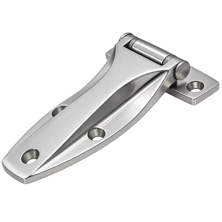 Exposed hinge supporting repeated movement of construction equipment doors