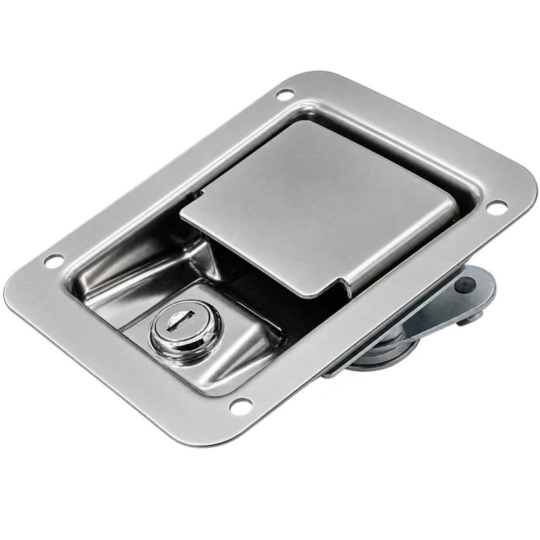 Paddle latch for construction equipment storage compartments